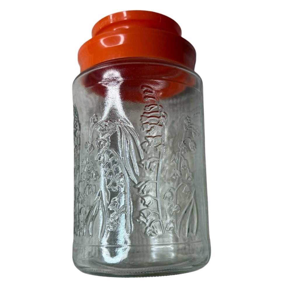 Vintage‎ Glass Jar 'LILIES Of The VALLEY' Anchor Hocking Orange Plastic Lid